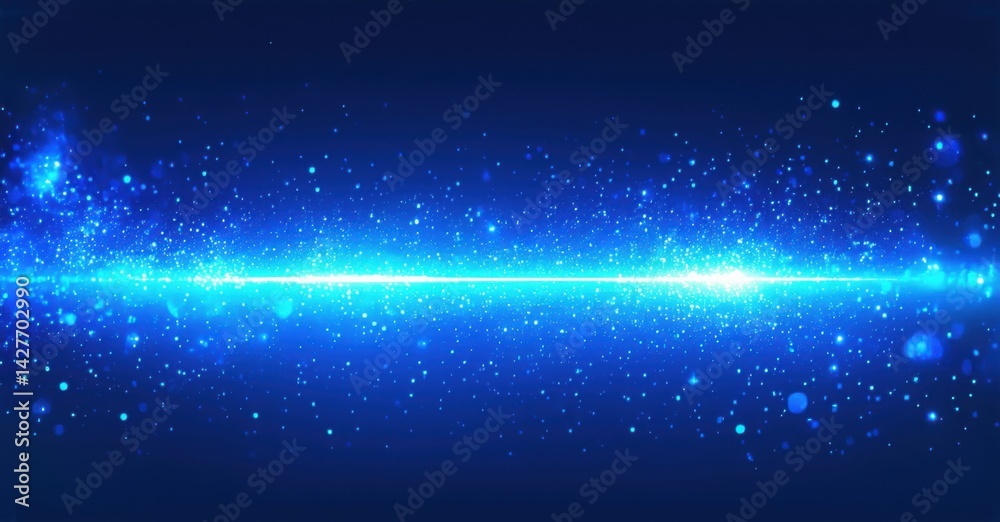 Poster bright blue light streaks across dark background. numerous tiny sparkles create cosmic effect. inten