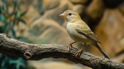Fototapeta premium Pale bird perched on branch, zoo background, wildlife photography