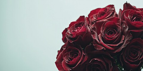A bundle of deep red roses carefully arranged in a bouquet on white