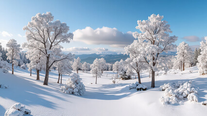 Fototapeta premium Majestic Winter Wonderland Featuring Snow-Capped Trees in a Tranquil Forest Scene Against a Vibrant Blue Sky – Nature's Beauty Captured in Perfect Harmony, Snow Covered Trees In Winter Landscape