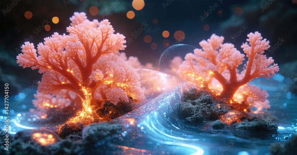 Poster glowing coral formations rise from dark depths. light streams illuminate intricate branches, creatin