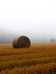 a haystack in a field in autumn. Autumn, fog, rain in the village