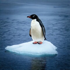 Fototapeta premium Single penguin on a piece of ice in the ocean.