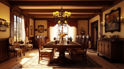 Luxurious Wooden Dining Room with Sunlight