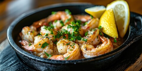 A buttery garlic shrimp served with a side of lemon wedges