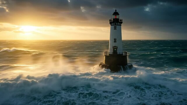 Lighthouse guiding through stormy waves at sunset  