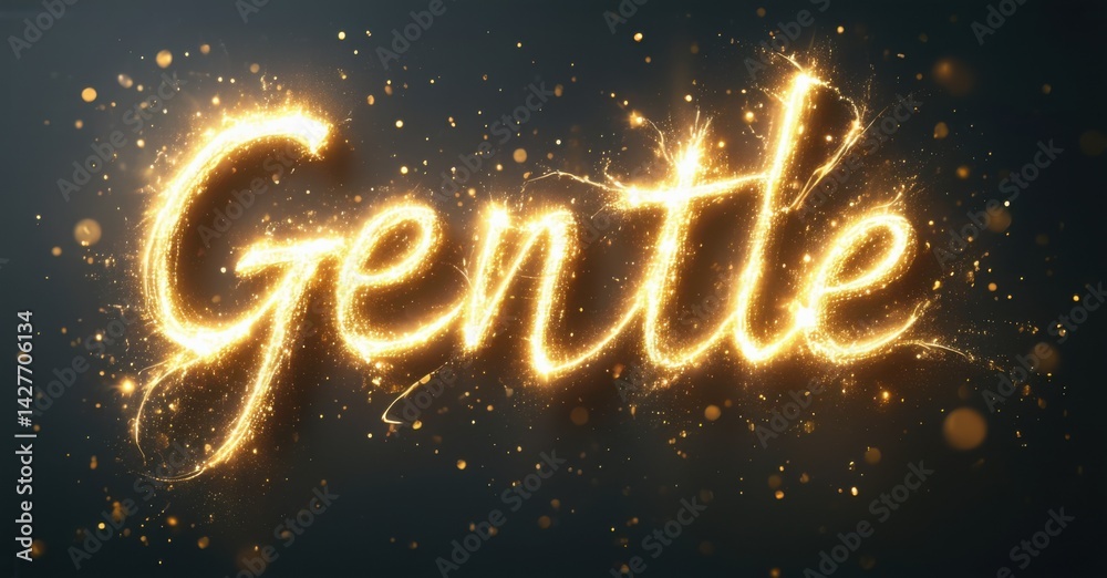 Fototapete Golden script spells Gentle. Sparkles surround lettering, creating luminous effect. Dark background enhances glow.