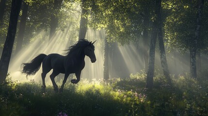 A majestic black unicorn with a long, flowing mane and tail strides gracefully through a sunlit...