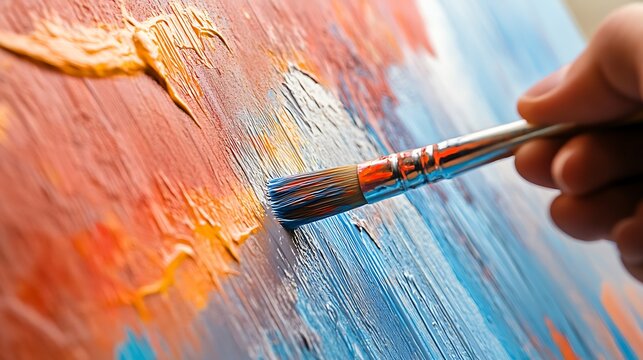 Close-up of a hand painting with a brush on a canvas with orange and blue colors
