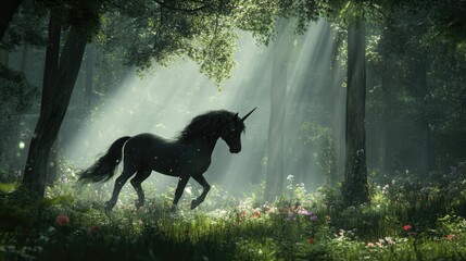 A majestic black unicorn with a long, flowing mane and tail strides gracefully through a sunlit...