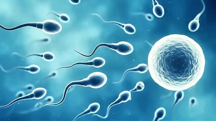 Microscopic view of animated sperm swimming toward egg using smooth fluid motion in stylized rendering