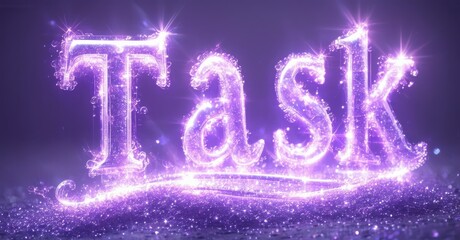 Purple text spells Task with sparkling light effects. Brightness creates dramatic visual impact, emphasizing word importance.