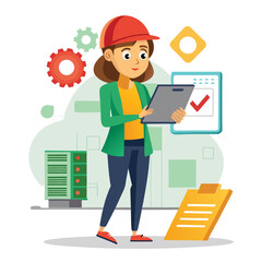 female engineer checks the program and discovers an error. Hand drawn style vector design illustrations vector