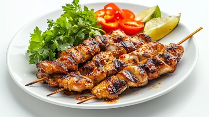 Delicious grilled chicken satay skewers with cilantro and lime bbq hot eat food meat thai dish meal