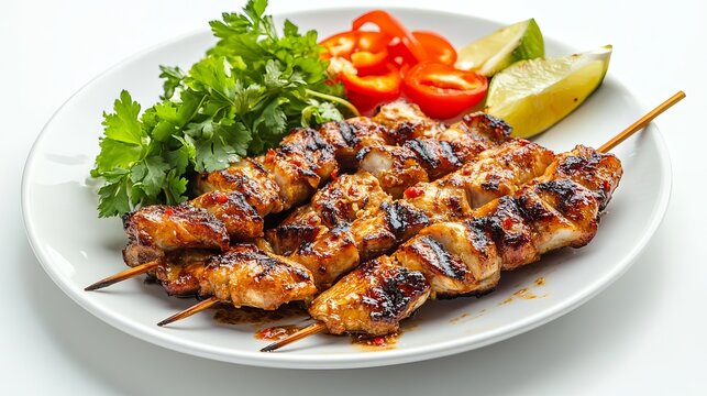 Delicious grilled chicken satay skewers with cilantro and lime bbq hot eat food meat thai dish meal - Powered by Adobe