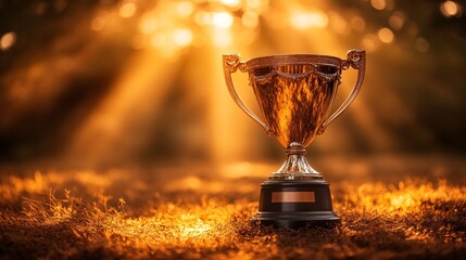 shining trophy award celebrating victory in golden sunset light in forest setting