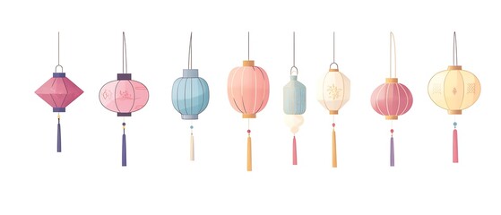 A flat vector illustration of colorful lanterns hanging on dark blue background