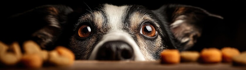 Hungry dog in dry foods mound licking meal concept. A curious dog gazes longingly at delicious treats on a table.