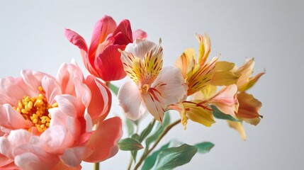 Naklejka premium Floral Bouquet with Pink Tulips and Yellow Alstroemeria on a Soft Background