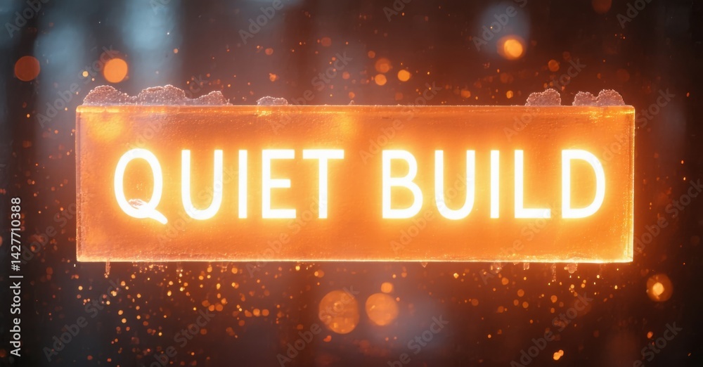 Poster bright orange rectangle displays text quiet build. sparks surround it, dark background creates contr