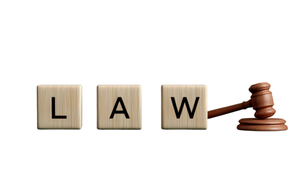 Real Estate LAW Concept with Mini House Shapes and Wooden Gavel – Isolated on Transparent Background