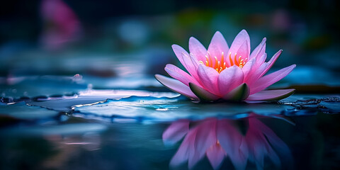 Pink Water Lily in Calm Pond, Beautiful Pink Lotus Flower in Water, Close-up of Lotus Flower with Reflection

