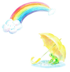 傘の下で雨宿りするカエル　虹　水彩画