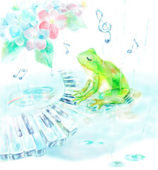 雨の中ピアノを演奏するカエル