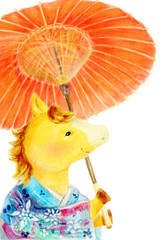 和傘を持つ和装の馬　