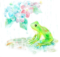 紫陽花とカエル　水彩画