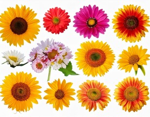 Spring flowers colorful vector set isolated in white background. Collection of daisy and sunflowers with various colors for spring season as graphic elements and decorations.