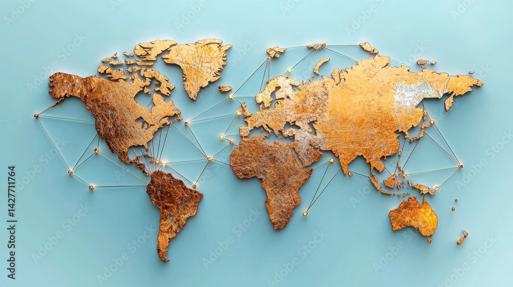 Poster abstract world map on soft blue backdrop with lines and nodes for global connectivity