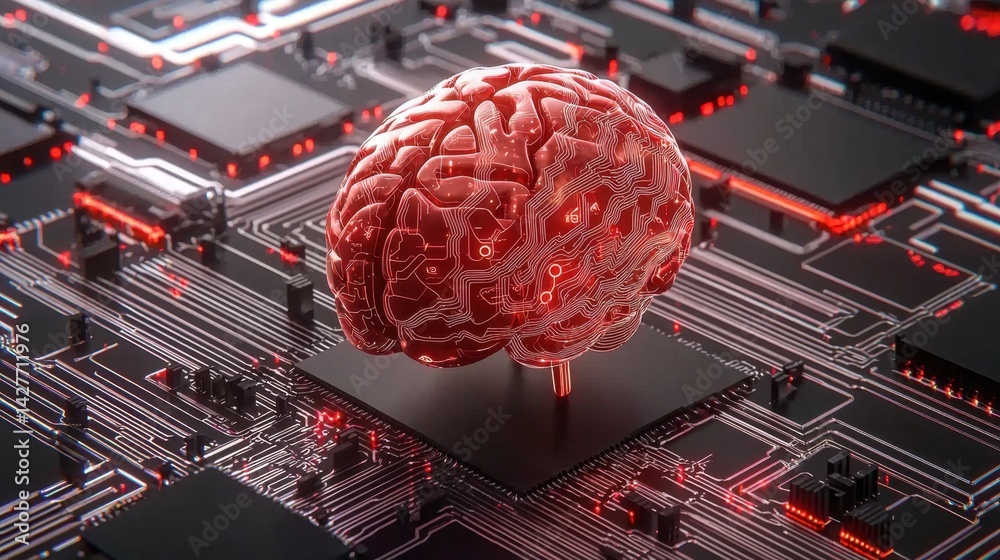 Poster AI brain visualization connected with network data lines and circuits on dark tech background
