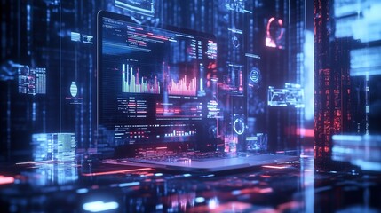 Obraz premium 3D Data Analysis Dashboard with Charts, Graphs on Laptop for Business Software. Hologram Icons, Analytics Interface.
