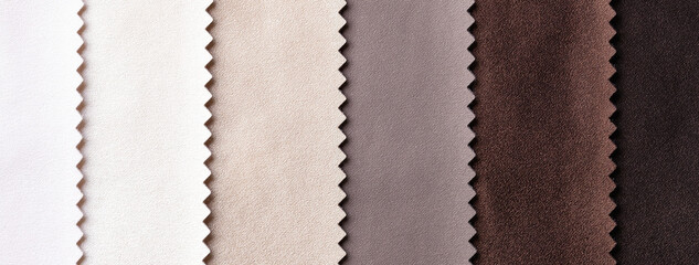 Sample leather textile brown, beige and white colors, background. Catalog and palette tone of Interior fabric
