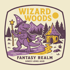 Fototapeta premium Cartoon Dinosaur Wizard Walking in Fantasy Woods with Tiny House