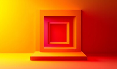 Geometric, vibrant, minimalist display platform.  A series of nested squares in warm orange and red hues create a dynamic presentation area