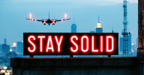 Obraz premium Glowing sign stay solid in bold red and white letters attached to rooftop ledge with city skyline behind glowing antennas and blinking red aviation lights nearby
