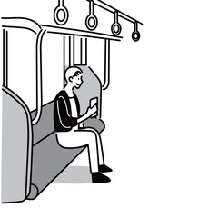 電車内で座ってスマートフォンをいじっている男性のイラスト