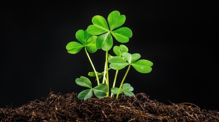 Naklejka premium Bright neon green clover glowing on a black background, festive and modern St. Patricks Day vibe