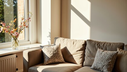 Naklejka premium Cozy living room with sunlight and decorative flower vase 