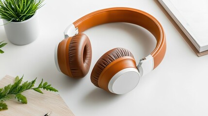 Fototapeta premium Elegant minimal audio accessory, headphones with neutral tones on white