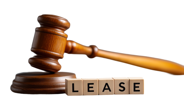 Wooden Gavel and Lease Text Blocks – Property Law and Rental Concept – Isolated on Transparent Background