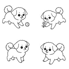 Cute Puppies with Ball Flower Poses Vector Drawing Coloring Book Sketch Illustration
