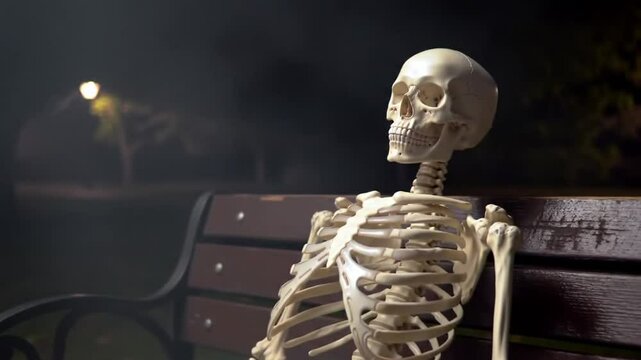 A lonely skeleton sitting on a park bench under a streetlight at night