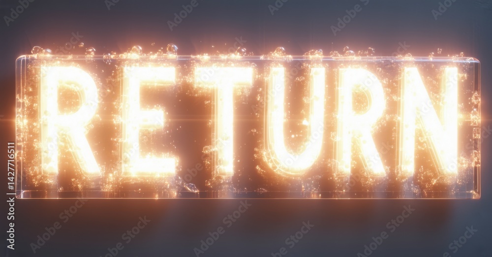 Poster Bright word RETURN glows within liquid container. Sparks, bubbles create dynamic visual effect. Dramatic lighting enhances presentation.