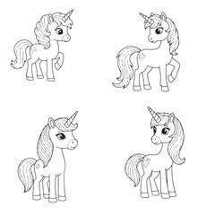 Beautiful Four Unicorns Isolated On White Background For Coloring and Childrens Education Books