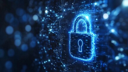 digital security and data protection concept with glowing lock icon in cyber network imagery