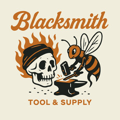 Bee Blacksmithing Tools with Skull Wearing Beanie on Fire Illustration