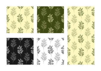 Set of seamless patterns with hand drawn stems with leaves, silhouettes, herbs, grass and branches in various simple minimalistic designs